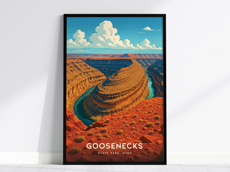 This poster features a vibrant illustration of Goosenecks State Park, showcasing dramatic canyon curves and the San Juan River against a bright blue sky. Perfect wall art for lovers of Utahs desert landscapes.