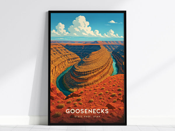 This poster features a vibrant illustration of Goosenecks State Park, showcasing dramatic canyon curves and the San Juan River against a bright blue sky. Perfect wall art for lovers of Utahs desert landscapes.