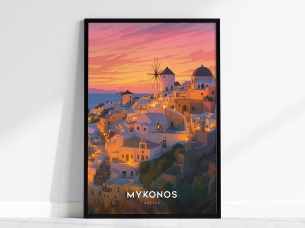 This image depicts a framed poster of a Mykonos sunset scene, featuring whitewashed buildings and iconic windmills under a vibrant pink and orange sky. The word Mykonos is prominently displayed at the bottom.