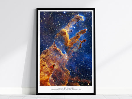 James Webb Pillars of Creation print framed in black showcasing newborn stars and fine dust detail