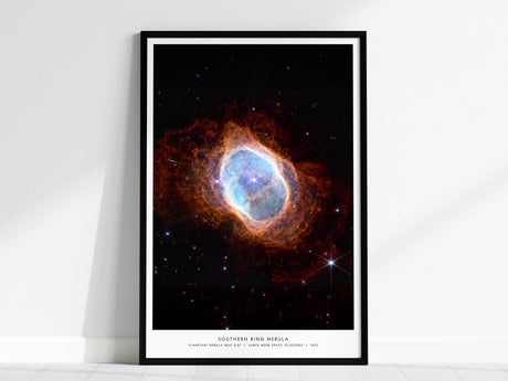 Southern Ring Nebula poster featuring James Webb Space Telescope image of NGC 3132 dying star with glowing gas shells