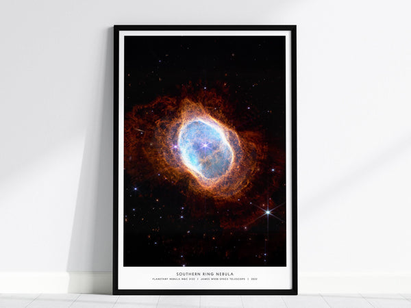 Southern Ring Nebula poster featuring James Webb Space Telescope image of NGC 3132 dying star with glowing gas shells