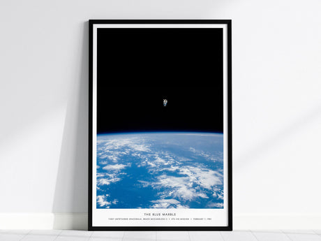 Blue Marble NASA poster featuring Bruce McCandless 1984 first untethered spacewalk with Earth space wall art