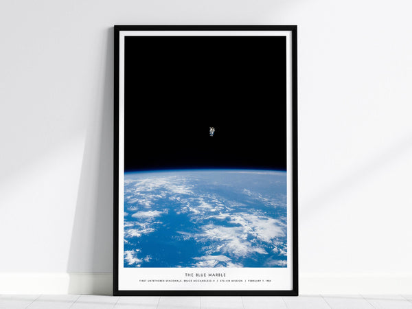Blue Marble NASA poster featuring Bruce McCandless 1984 first untethered spacewalk with Earth space wall art