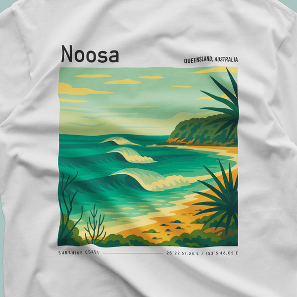 White t-shirt with a Noosa, Queensland, Australia beach graphic design.