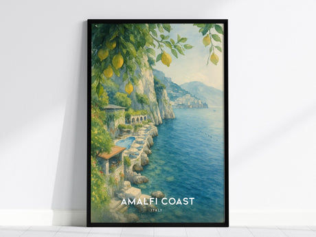 A framed poster of the Amalfi Coast features a watercolor depiction of a cliffside view with lemon trees, the blue sea, and distant buildings. This wall art captures the scenic beauty of Italys coastal charm.