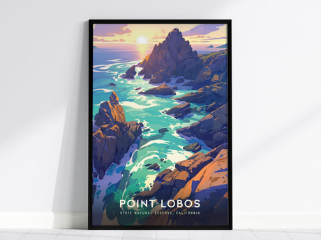 This poster features a vibrant illustration of Point Lobos State Natural Reserve, showcasing dramatic cliffs, turquoise waves, and a sunset sky. The artwork captures the stunning coastal beauty with bold colors and dynamic design.