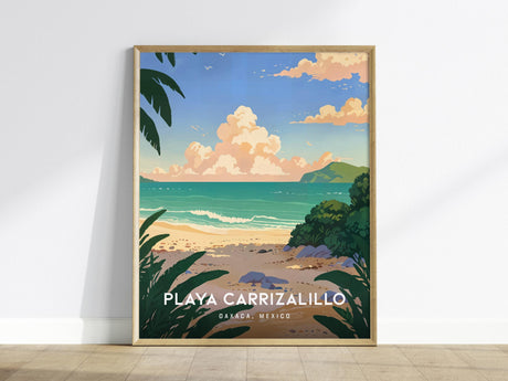 A framed poster featuring an illustrated beach scene with turquoise waves, sandy shores, and lush greenery under a vibrant sky with fluffy clouds. The text Playa Carrizalillo, Oaxaca, Mexico is displayed at the bottom.
