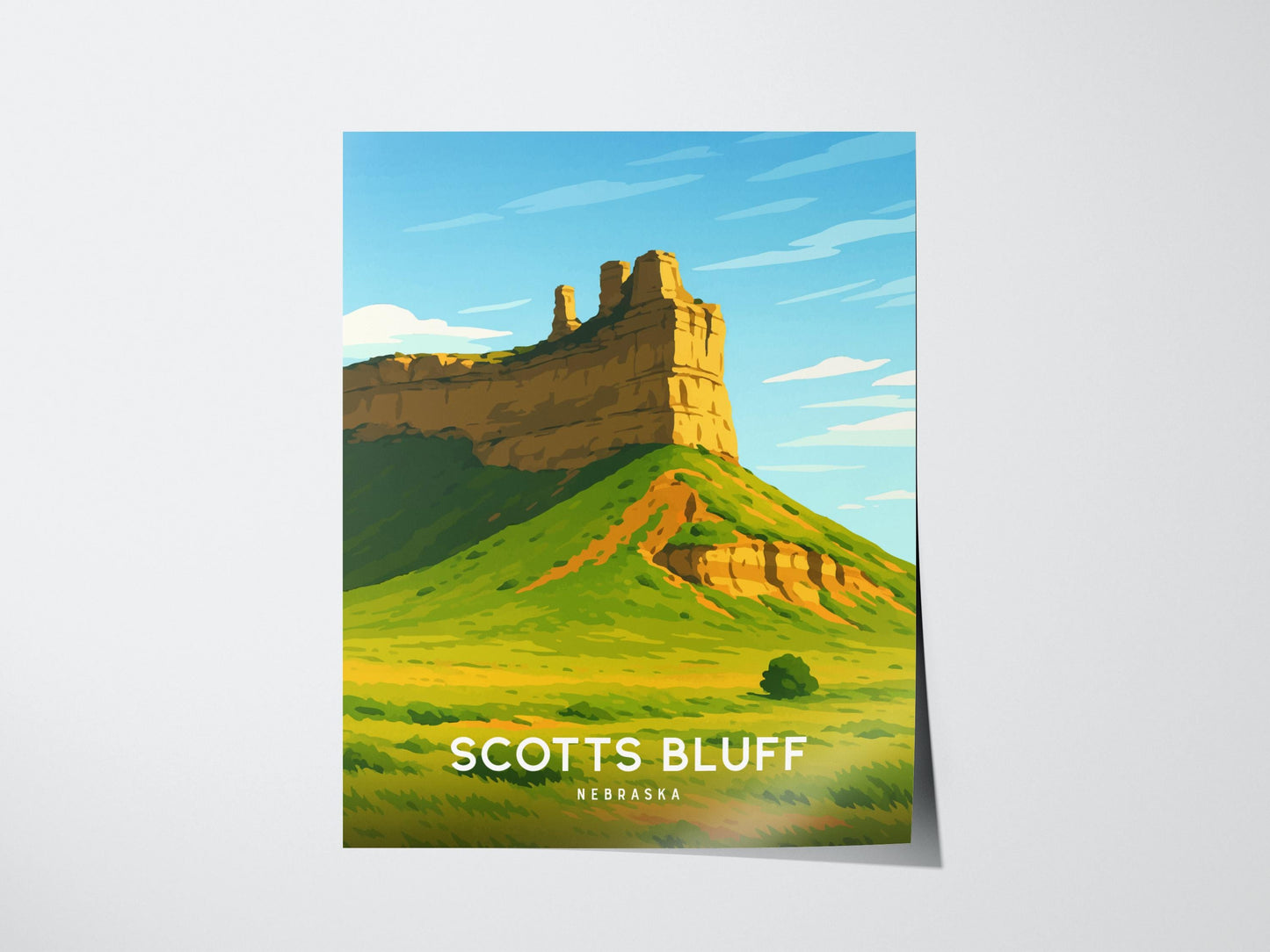 Poster of Scotts Bluff National Monument with a green field and blue sky.