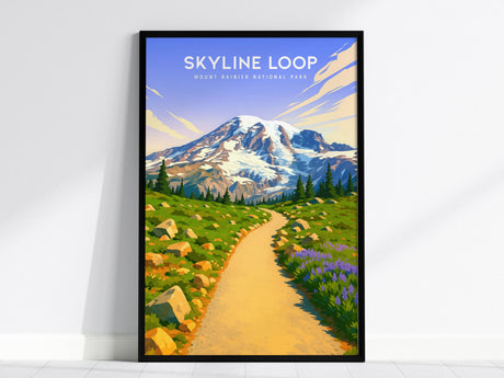 A vibrant poster depicting the Skyline Loop Trail at Mount Rainier National Park, showcasing a winding path through lush green meadows with colorful wildflowers and the majestic snow-capped peak in the background.