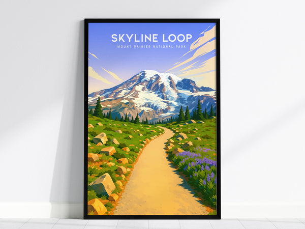 A vibrant poster depicting the Skyline Loop Trail at Mount Rainier National Park, showcasing a winding path through lush green meadows with colorful wildflowers and the majestic snow-capped peak in the background.