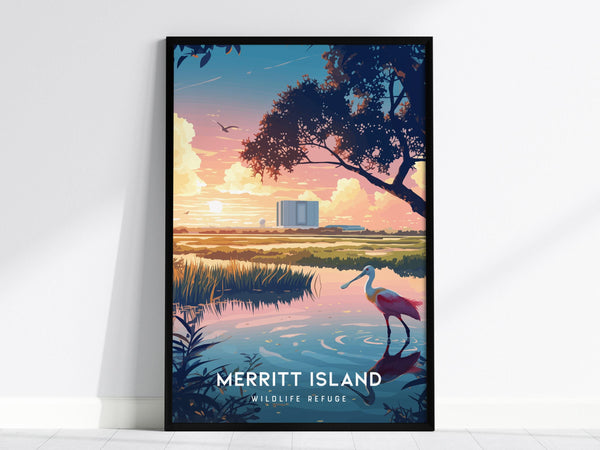 A vibrant poster of Merritt Island Wildlife Refuge featuring a sunset over wetlands, with a roseate spoonbill in the foreground and a launch pad in the distance. Perfect wall art for nature and space enthusiasts.