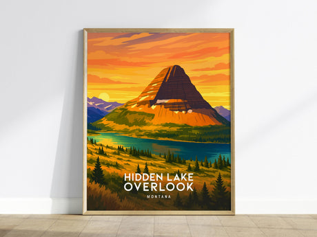 This vibrant poster features a stylized landscape of Bearhat Mountain at sunset, with rich orange skies and a serene lake in the foreground. Perfect wall art for capturing the beauty of Montanas Hidden Lake Overlook.