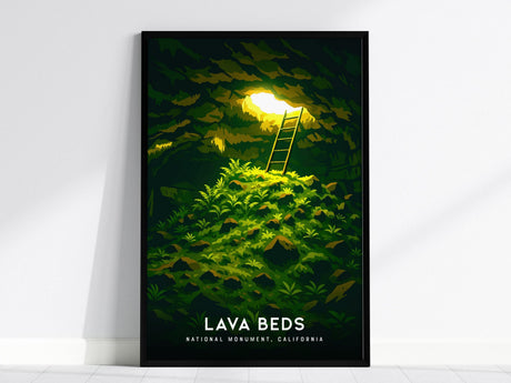 A vibrant poster depicting a cave with lush green foliage and a ladder leading to a sunlit opening. The words Lava Beds National Monument, California are displayed at the bottom, making it striking wall art.