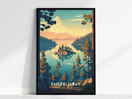 A framed poster of Emerald Bay showcases a vibrant illustration of Lake Tahoe, featuring serene waters reflecting the surrounding trees and a distant island under a colorful sky. Perfect for wall art decoration.