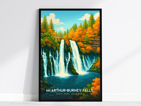 A vibrant poster of McArthur-Burney Falls showcases cascading waterfalls surrounded by lush, colorful foliage under a bright blue sky. This wall art captures the beauty of Californias natural landscape.