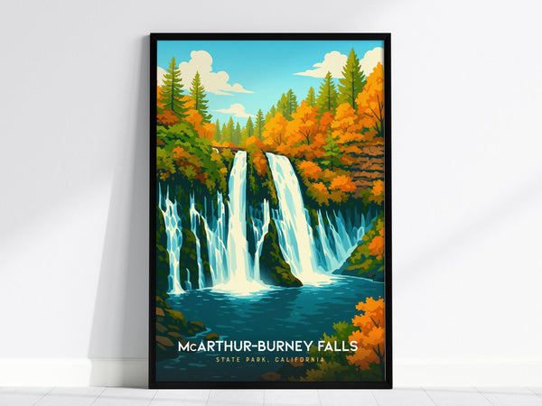 A vibrant poster of McArthur-Burney Falls showcases cascading waterfalls surrounded by lush, colorful foliage under a bright blue sky. This wall art captures the beauty of Californias natural landscape.