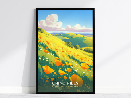 A colorful poster depicting Chino Hills State Park with rolling green hills adorned with vibrant orange poppies and white wildflowers under a blue sky with clouds. Perfect wall art for nature enthusiasts.