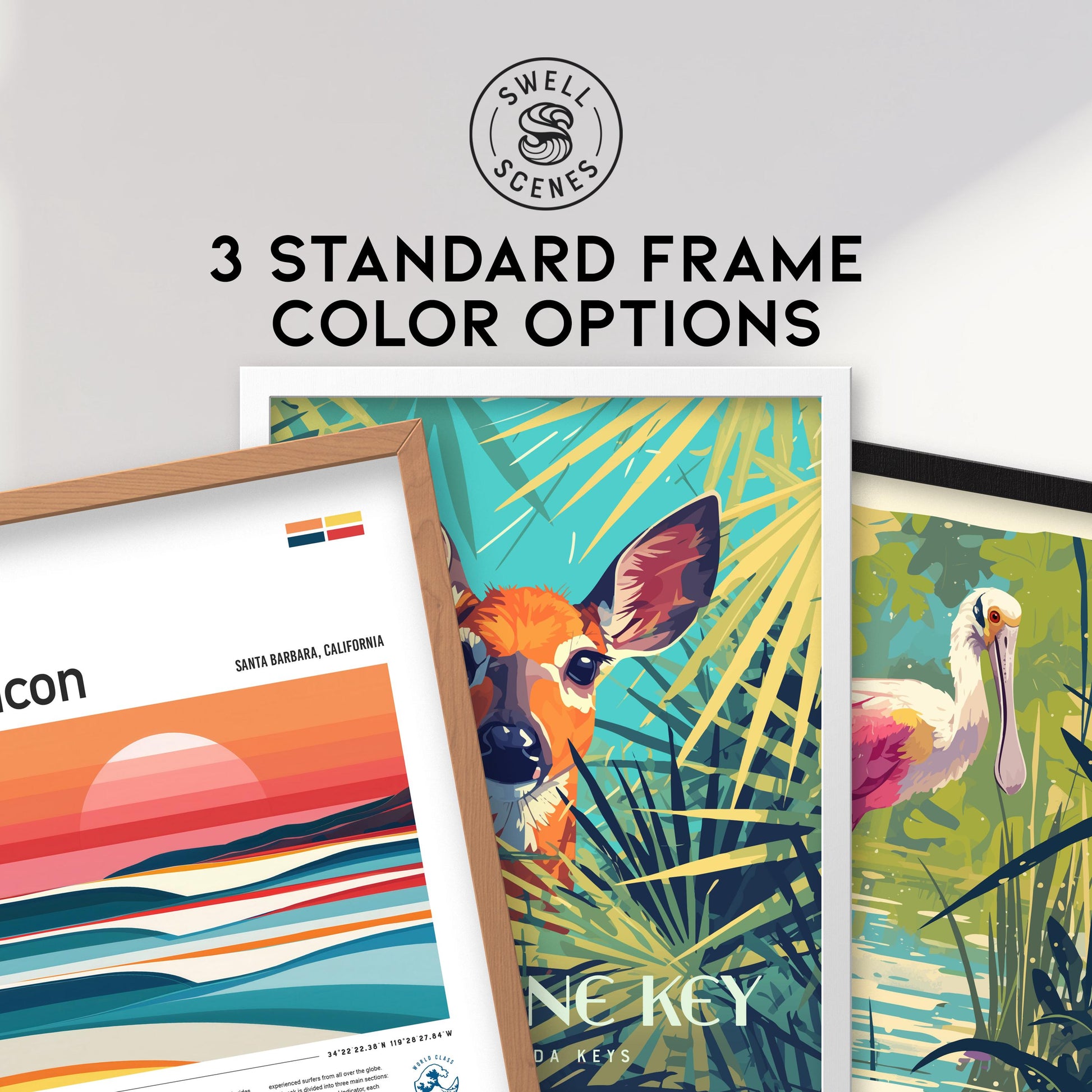 Three framed artworks with 'Swell Scenes' branding and text about frame color options.