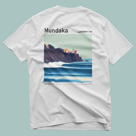 White t-shirt with a scenic print of Mundaka, Basque Country, Spain on a light blue background