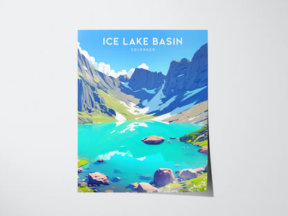 Poster of Ice Lake Basin, Colorado with a mountain lake and rocky landscape.