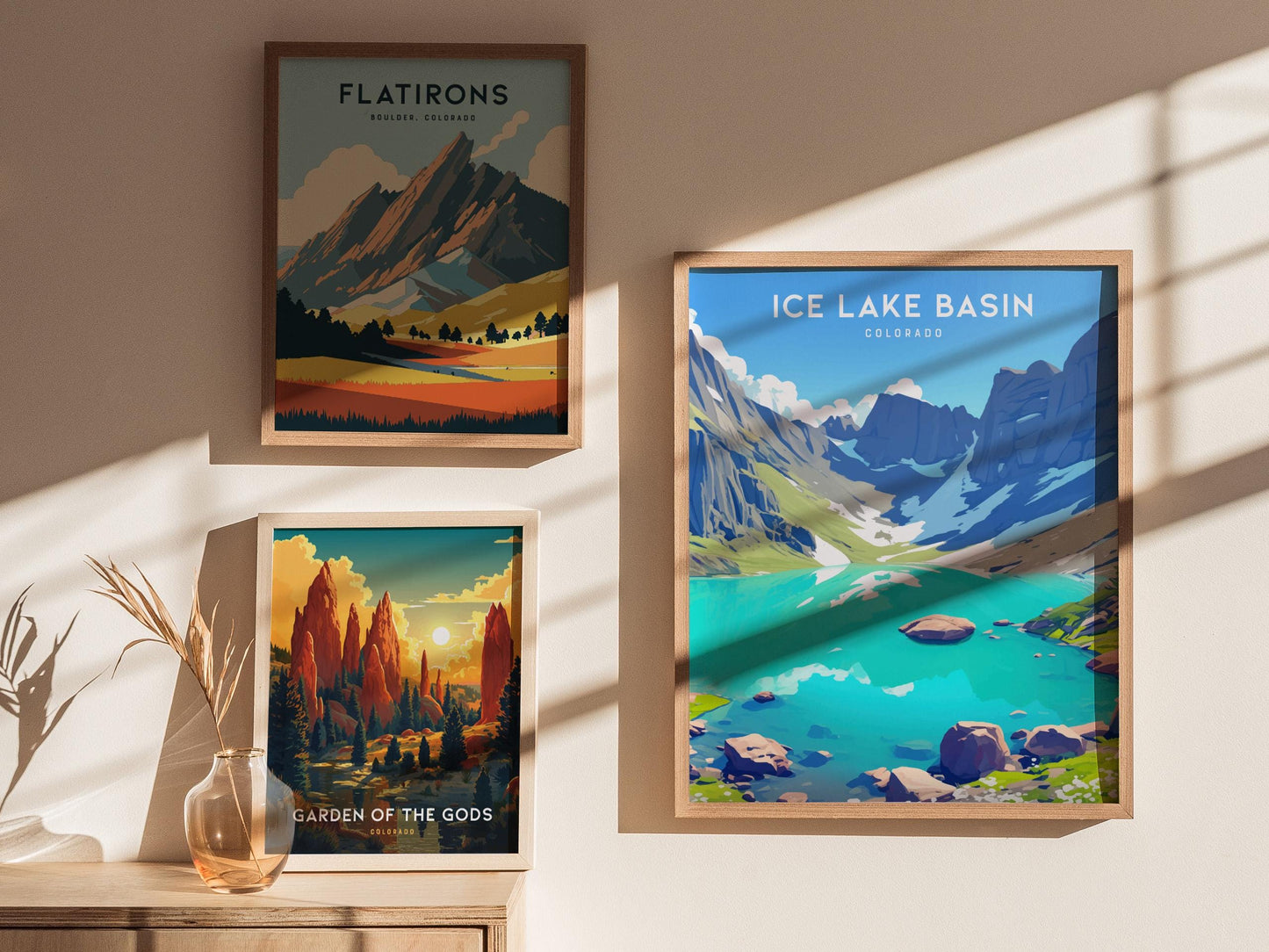 Framed Ice Lake Basin Colorado print displayed in modern mountain living room interior