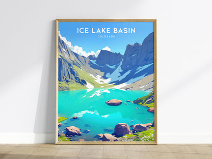 Framed poster of Ice Lake Basin, Colorado with a mountain and lake landscape.
