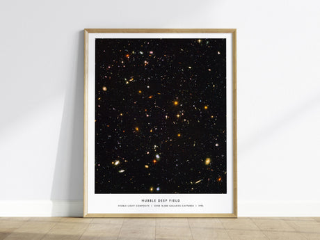 Hubble Deep Field poster showing thousands of distant galaxies in visible light