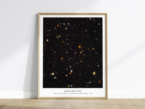 Hubble Deep Field poster showing thousands of distant galaxies in visible light