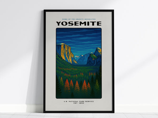 A framed poster of Yosemite National Park features a vibrant, vintage-style illustration of mountains and pine trees under a deep blue sky. This wall art piece highlights the natural beauty of the park.