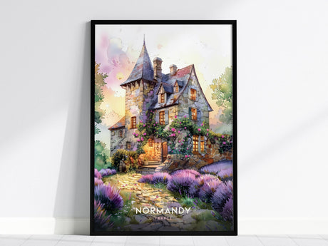 A framed poster depicting a charming stone cottage surrounded by vibrant lavender fields under a pastel sky. This wall art captures the essence of Normandy, France, with its picturesque and inviting countryside scene.