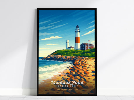 A framed poster depicts the Montauk Point Lighthouse on a rocky shoreline under a vibrant blue sky. The lighthouse stands tall with an adjacent building and an American flag, embodying classic coastal scenery.