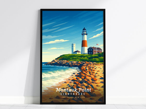 A framed poster depicts the Montauk Point Lighthouse on a rocky shoreline under a vibrant blue sky. The lighthouse stands tall with an adjacent building and an American flag, embodying classic coastal scenery.