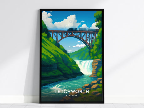 This poster wall art depicts a vibrant illustration of Letchworth State Park, featuring a red railroad bridge over a gorge with cascading waterfalls and lush greenery. The sky is bright blue with fluffy clouds, creating a serene landscape.