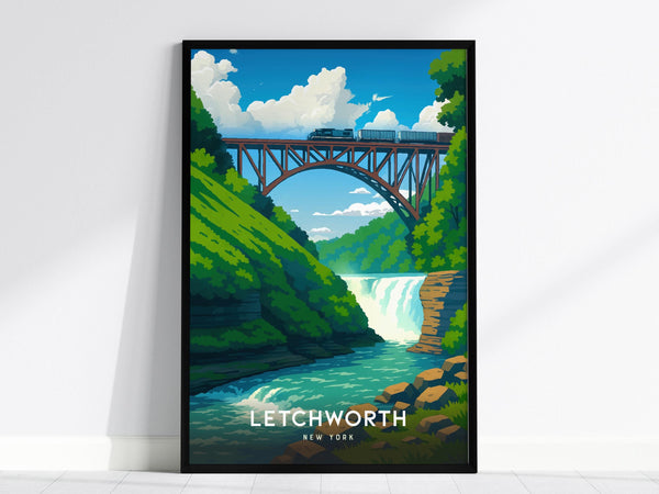 This poster wall art depicts a vibrant illustration of Letchworth State Park, featuring a red railroad bridge over a gorge with cascading waterfalls and lush greenery. The sky is bright blue with fluffy clouds, creating a serene landscape.