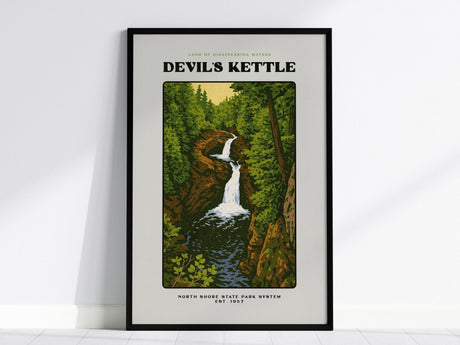 This image shows a framed poster of Devils Kettle, featuring a vintage-style illustration of a waterfall surrounded by lush green forest. Perfect wall art for those who appreciate nature and retro travel designs.