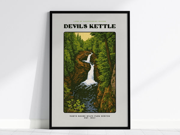 This image shows a framed poster of Devils Kettle, featuring a vintage-style illustration of a waterfall surrounded by lush green forest. Perfect wall art for those who appreciate nature and retro travel designs.