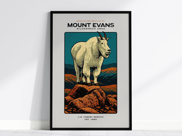 A framed poster featuring a stylized illustration of a mountain goat standing on rocky terrain with a mountainous backdrop. The text reads Mount Evans Wilderness Area, adding a striking touch to any wall art collection.