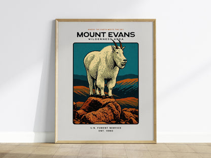 Framed poster of a mountain goat on Mount Evans with a wooden frame.
