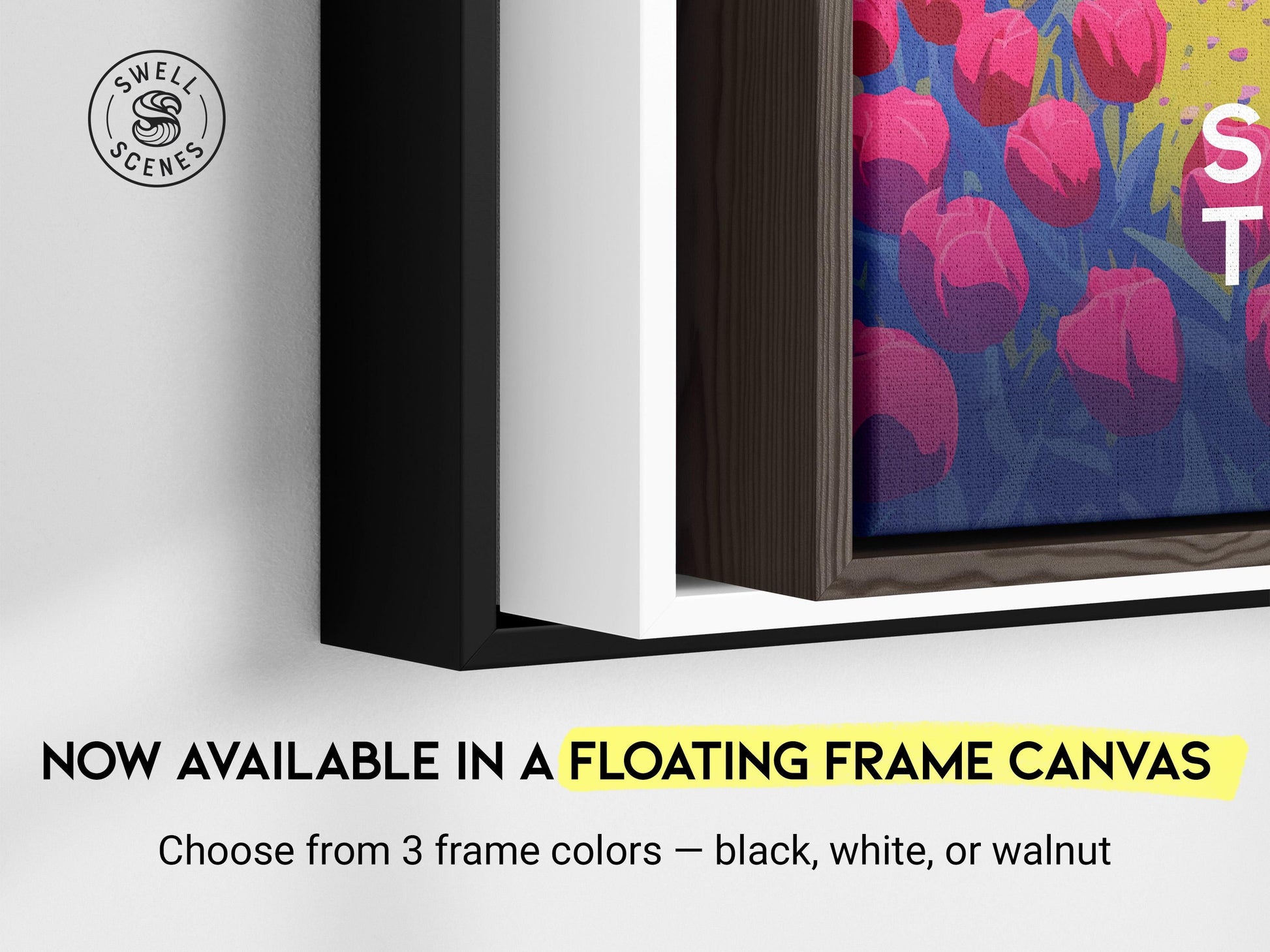 Floating frame canvas wall art by Swell Scenes showing premium stretched canvas with black, white, walnut frame options