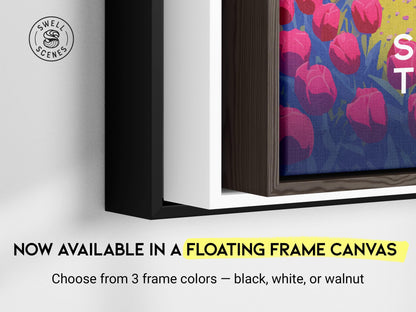 Framed artwork with a floating frame canvas option on a white wall.