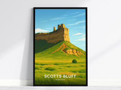 Scotts Bluff Nebraska poster in black wood frame showing historic National Monument and pioneer trail landscape art