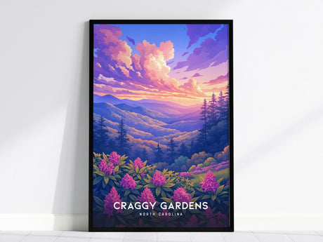 A vibrant poster of Craggy Gardens, North Carolina, showcasing a colorful sunset over rolling mountains and blooming rhododendrons. This wall art captures the scenic beauty of the Blue Ridge Parkway.