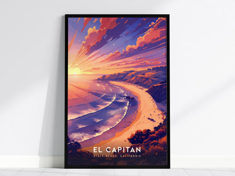 A vibrant poster of El Capitan State Beach showcases a stunning sunset over the California coastline, with colorful skies, rugged cliffs, and gentle ocean waves. Ideal wall art for capturing the essence of Santa Barbaras shoreline.