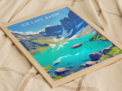 Framed artwork of Ice Lake Basin, Colorado on a textured fabric background