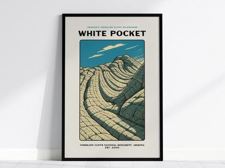 A framed poster depicting the White Pocket area of the Vermilion Cliffs, featuring stylized sandstone formations under a blue sky. This wall art captures a vintage travel poster aesthetic, adding a retro touch to any room.