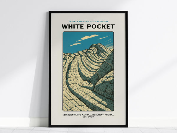 A framed poster depicting the White Pocket area of the Vermilion Cliffs, featuring stylized sandstone formations under a blue sky. This wall art captures a vintage travel poster aesthetic, adding a retro touch to any room.