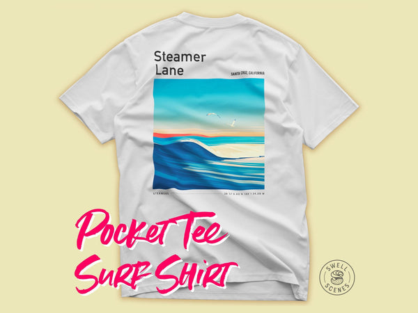 Steamer Lane Surf Shirt with a graphic design and text on a light yellow background