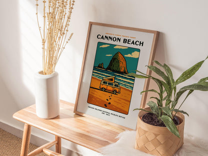 Cannon Beach Oregon Vintage Poster | Haystack Rock Block Print Wall Art | Framed or Unframed