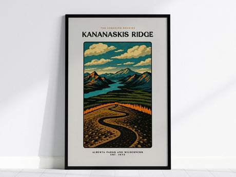 A framed poster titled Kananaskis Ridge depicts stylized mountain peaks under a cloudy sky, a winding trail, and a turquoise river valley. The artwork reflects the vintage style of block prints and WPA travel art.